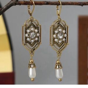 Anthropologie Gold Pearl and Crystal Drop Filigree Earrings